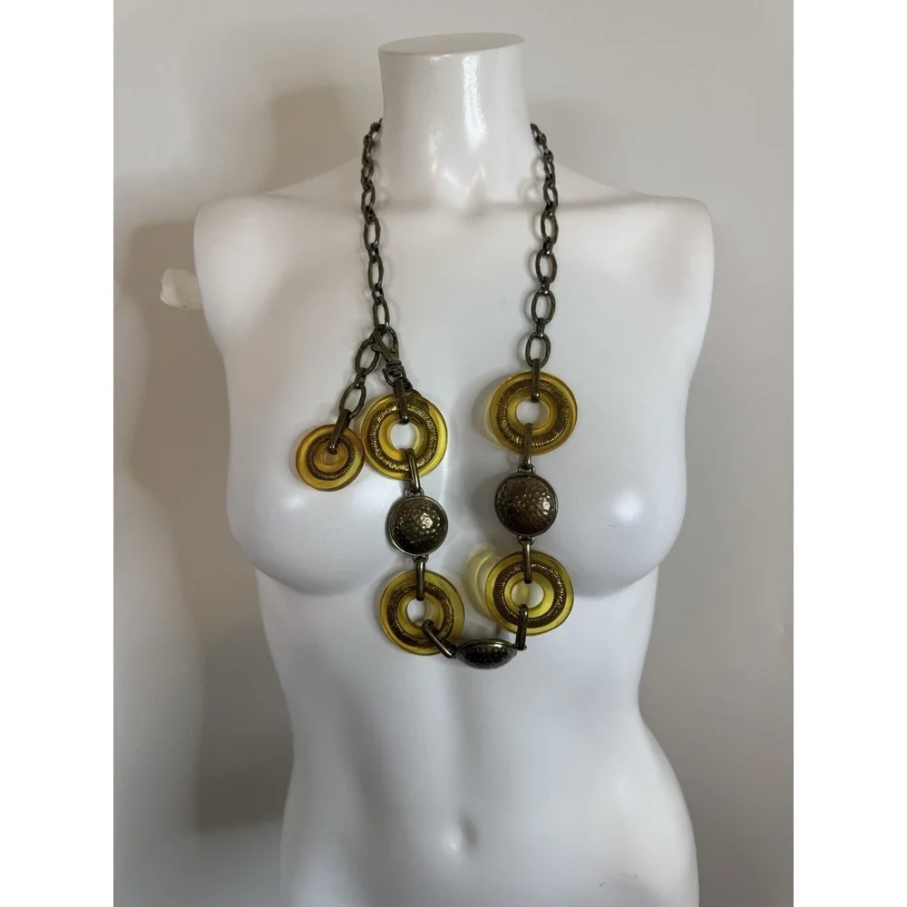 Chicos Metal Yellow Lucite Bronze Medallion‎ Chain Adjustable Belt Necklace 34